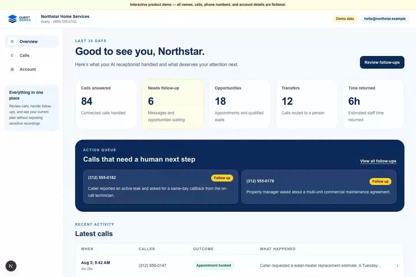 Fictional Quest Works portal overview with answered calls, follow-ups, and opportunities