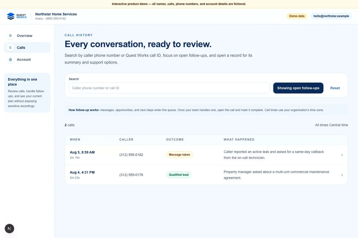 Fictional Quest Works home-services call queue showing calls that need follow-up