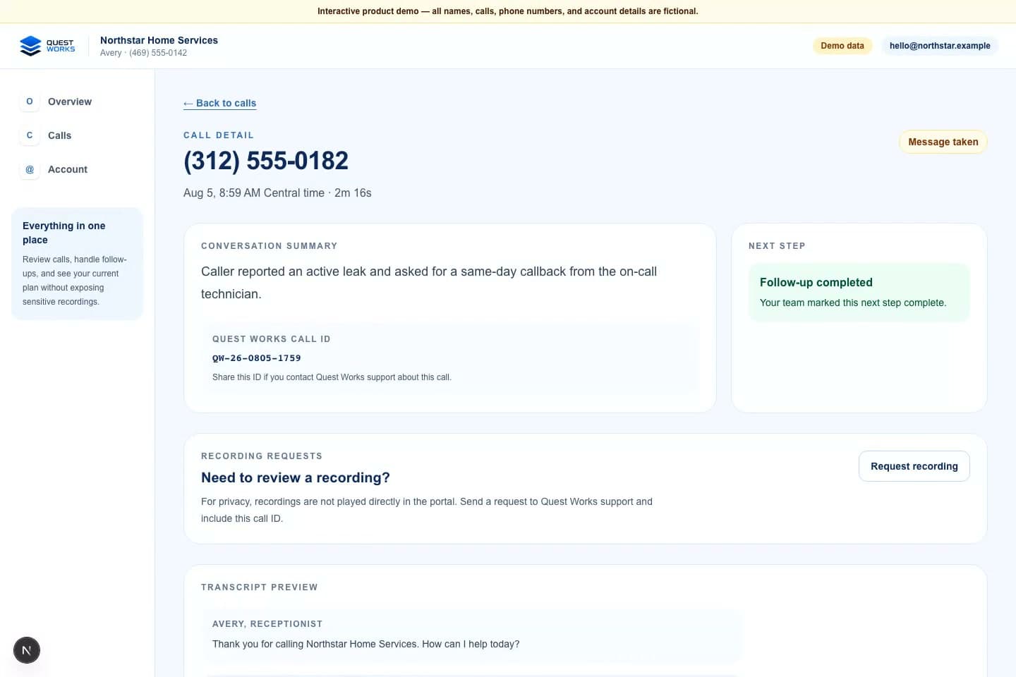 Fictional Quest Works portal call detail showing a summary and completed follow-up