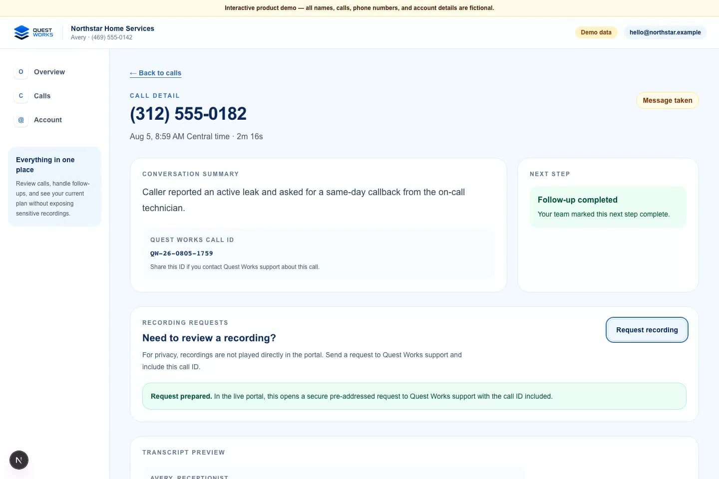 Fictional Quest Works portal account and reporting data